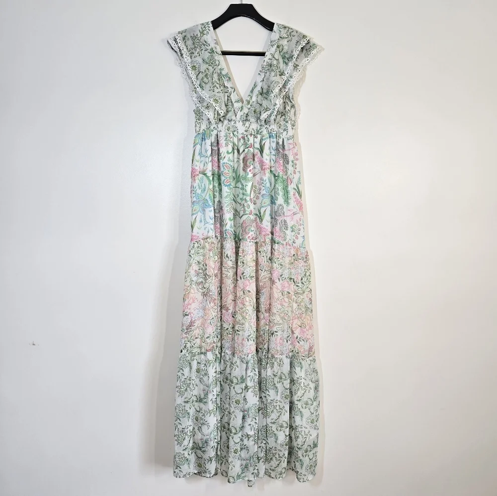 House Of Harlow 1960 Revolve Pastel Floral Tiered Maxi Dress Medium